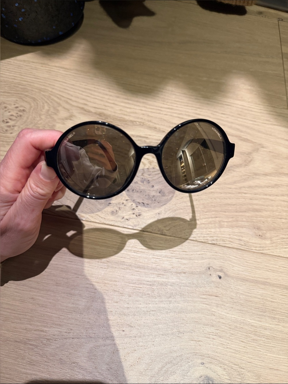 CHANEL round sunglasses 71311-A black frame gold logo with mirror lense